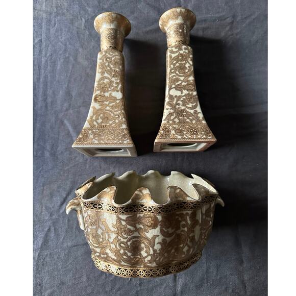 Vintage Chinese set Pair Hand Painted Candle Holders Candlestick gold bowl Asian - Picture 4 of 16